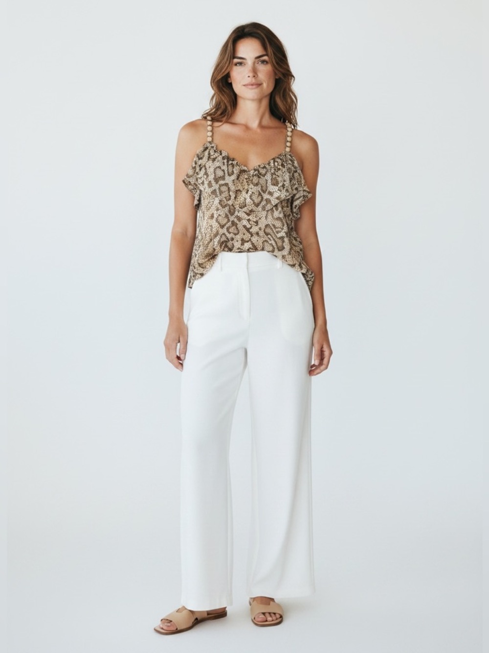 Karta Silk Beaded Strap Ruffle Snake Print Camisole
